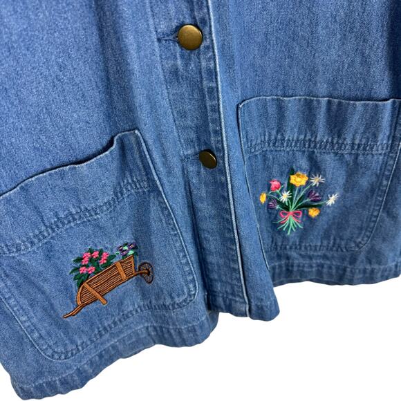 PBJ Sport Vtg Garden Floral Embroidered Collared Button Up Jean Chore Coat Sz XL - Picture 3 of 6